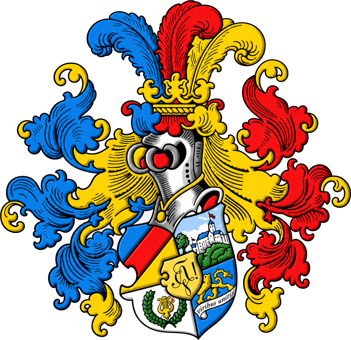 Wappen der Gießener Burschenschaft Alemannia mit Helmzier in Blau, Rot und Gold